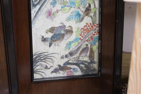 A pair of Chinese porcelain panels, painted with birds and inscribed, 73cm x 18cm